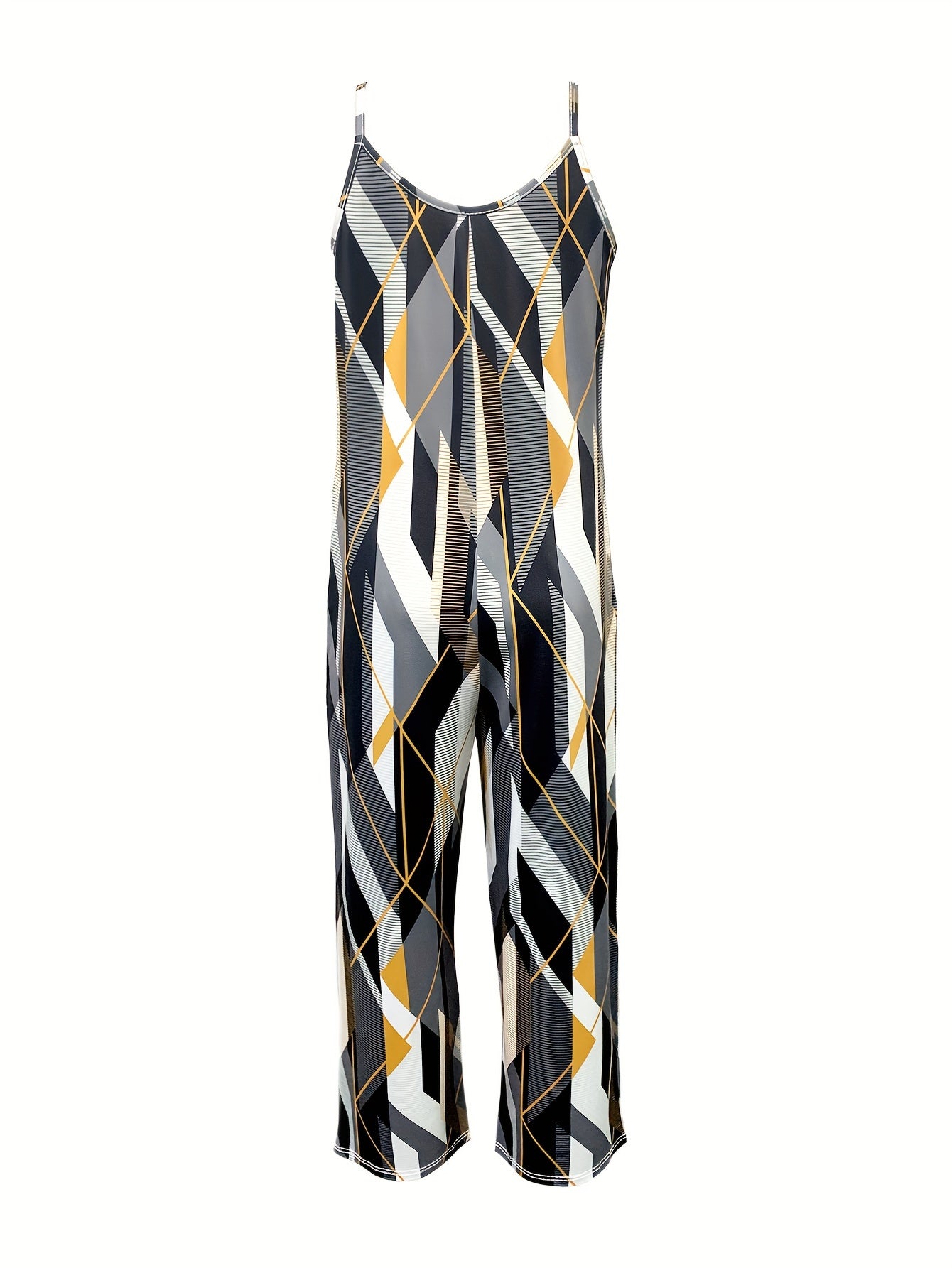 Plus Size Geo Print Cami Jumpsuit - Sleeveless, Spaghetti Strap, Casual, Pockets, Comfortable, Breathable, Summer Essential