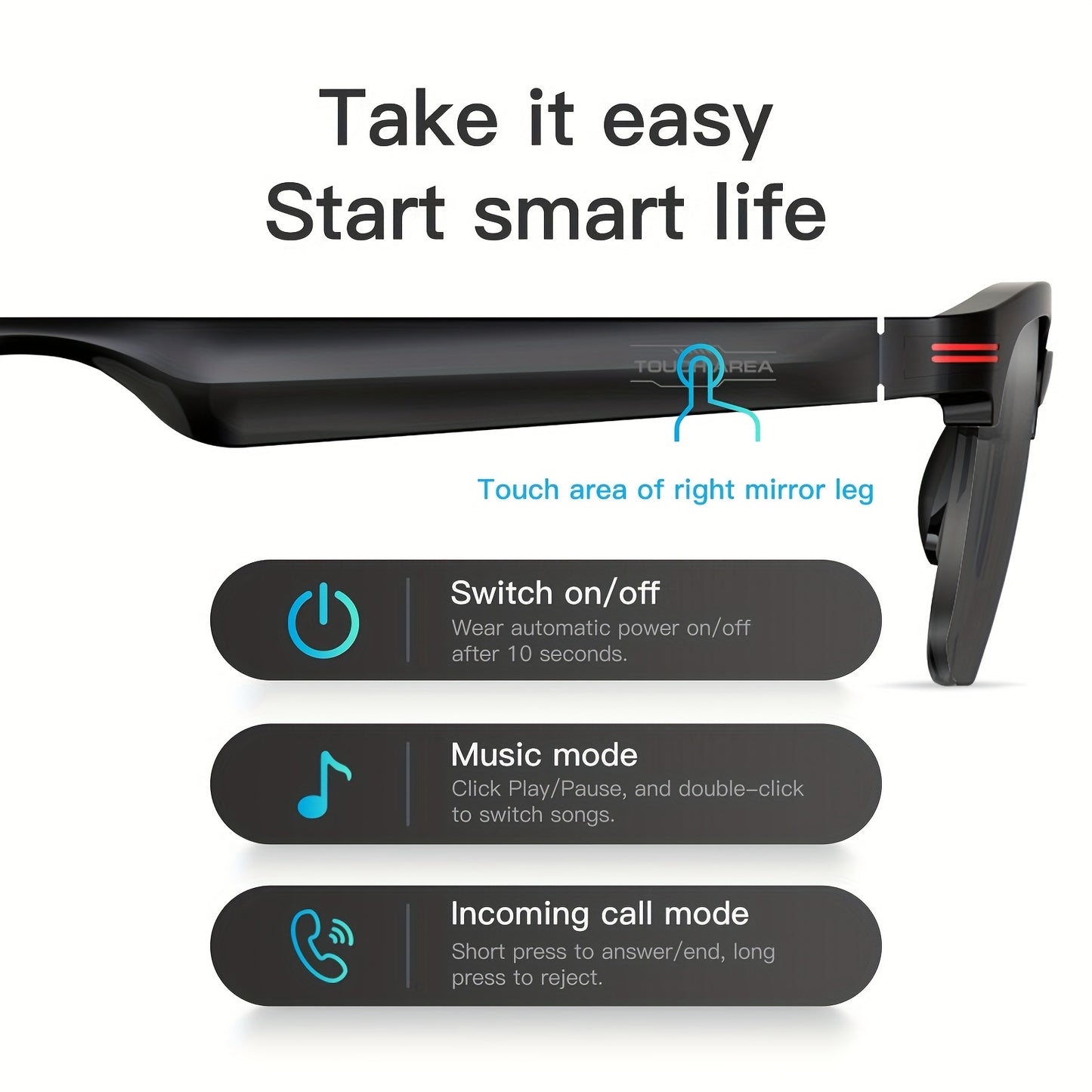 High-definition Wireless Smart Glasses With Anti-ultraviolet Sunglasses Lenses For Clearer Vision, Touch Control Switch, Open Design With Built-in Microphone And Speaker, Hands-free Music And Calls