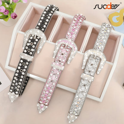 Fashion Rhinestone Sequins Belt For Men Women Western Cowgirl Cowboy Bling Diamond Leather Belt For Jeans Dress