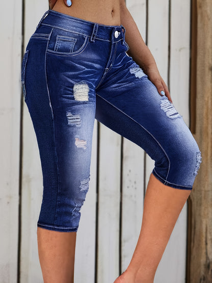 Plus Size Ripped Whiskering Distressed Washed Blue Capri Denim Pants, Women's Denim Jeans & Clothing