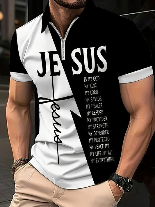 Plus Size Men's "JESUS" Print Golf T-shirt For Summer, Creative Business/outdoor/sports Short Sleeve Tennis Tees