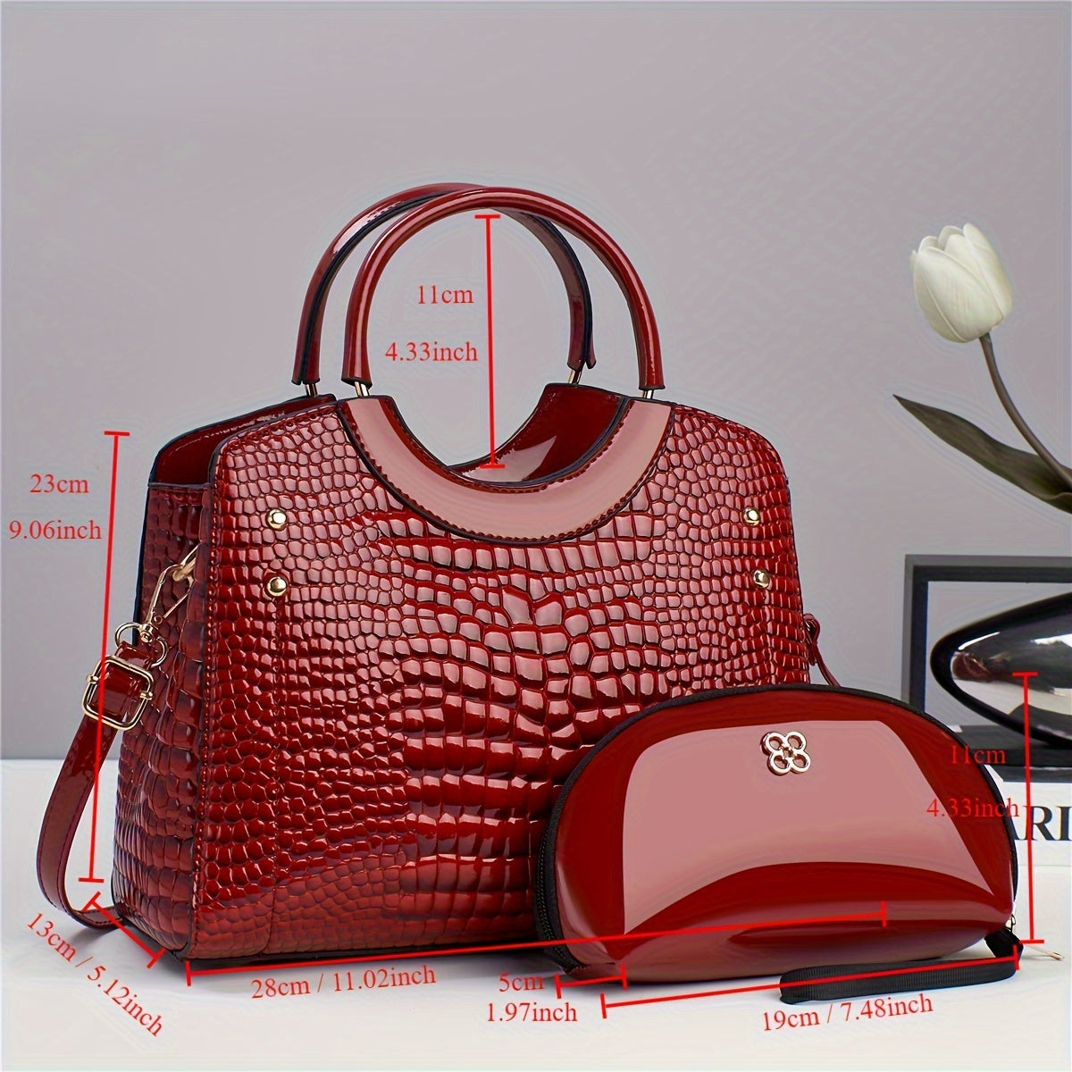 2024 Latest 2-Piece Luxury PU Leather Handbag & Clutch Set - Crocodile Embossed, Zippered, Fashion-Forward Commuter Bags for Women - Spacious, Stylish & Versatile - Perfect Work to Weekend Accessory