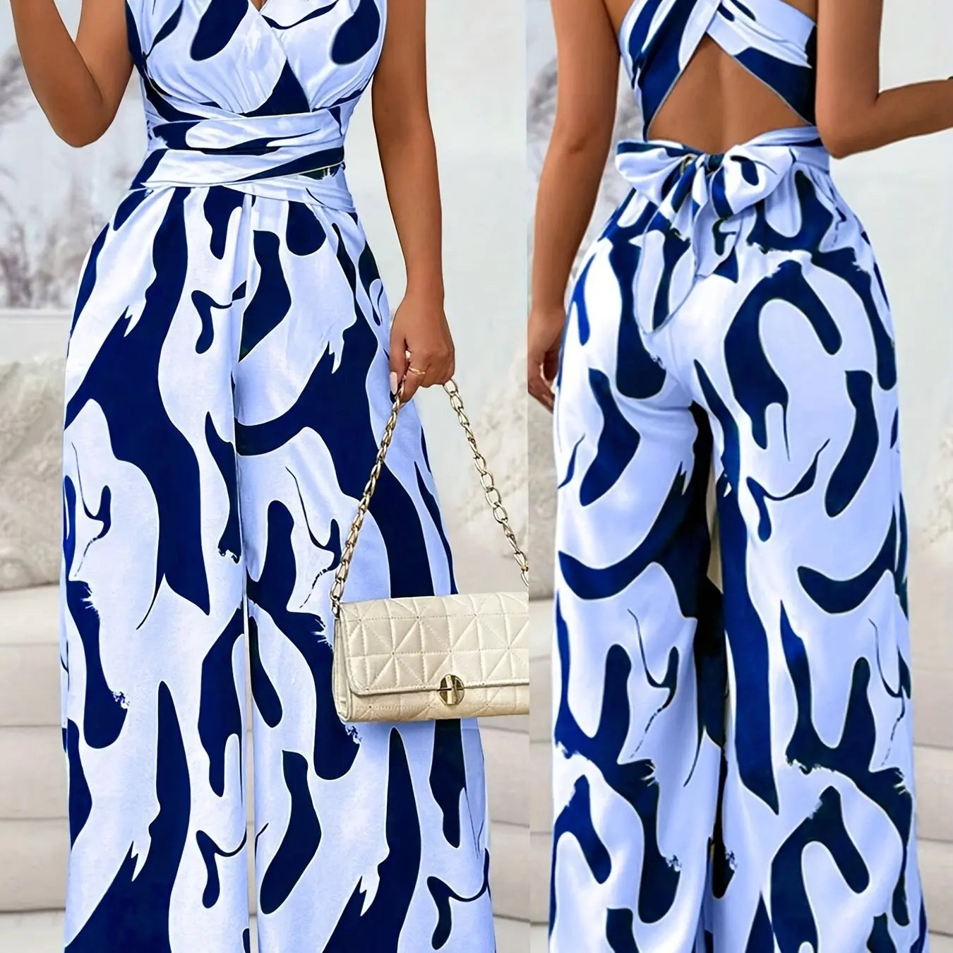 Women's Elegant Backless Jumpsuit with V-Neck & Cross Front Detail - Black & White Abstract Pattern Sleeveless Romper, Machine Washable Spring/Summer Party & Casual Outfit, Ladies Jumpsuit Chic Le'Meek