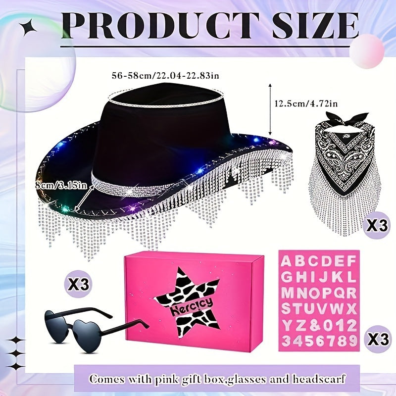 3 Pcs Sparkling Rhinestone Cowboy Hat Set - Glittering Headwear with Detachable Glasses, Headscarves, Adhesive Rhinestone Letter Patches, and Stylish Accessories for Costume Party or Fashion Statement