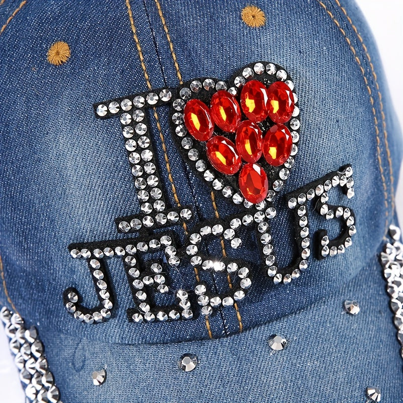 "I Love Jesus" Letter Rhinestone Baseball Cap, Distressed Sun Protection Ponytail Denim Hat, Casual Sports Hat For Women