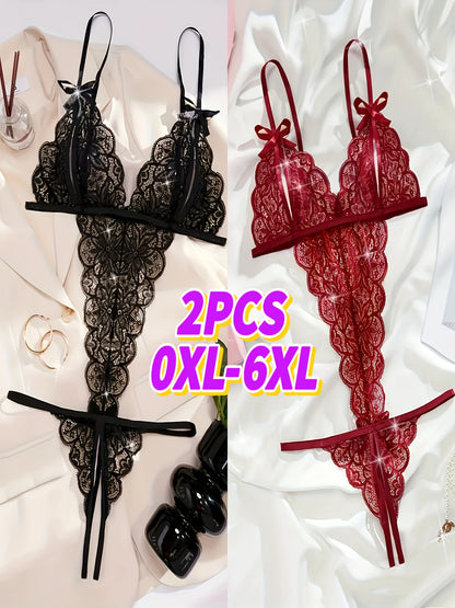 2pcs Women's Plus Sexy Lingerie Bodysuit, Plus Size Bow Split Cup Scalloped Trim Open Crotch Sheer Teddy