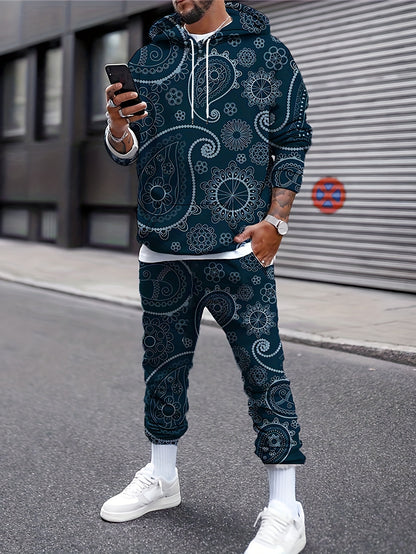 Casual Sporty Two-Piece Outfit With All-over Digital Pattern Print, Long Sleeve Hoodie And Pants Co Ord Set