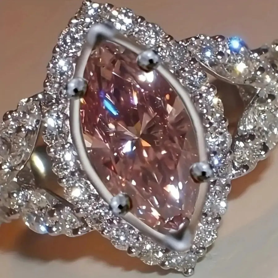 [Luxury Ring] Luxury Elegant Pink Cubic Zirconia Silver Plated Copper Ring | Sparkling Wedding/Cocktail Engagement Ring - Ideal Valentine's Day Gift Chic Le'Meek