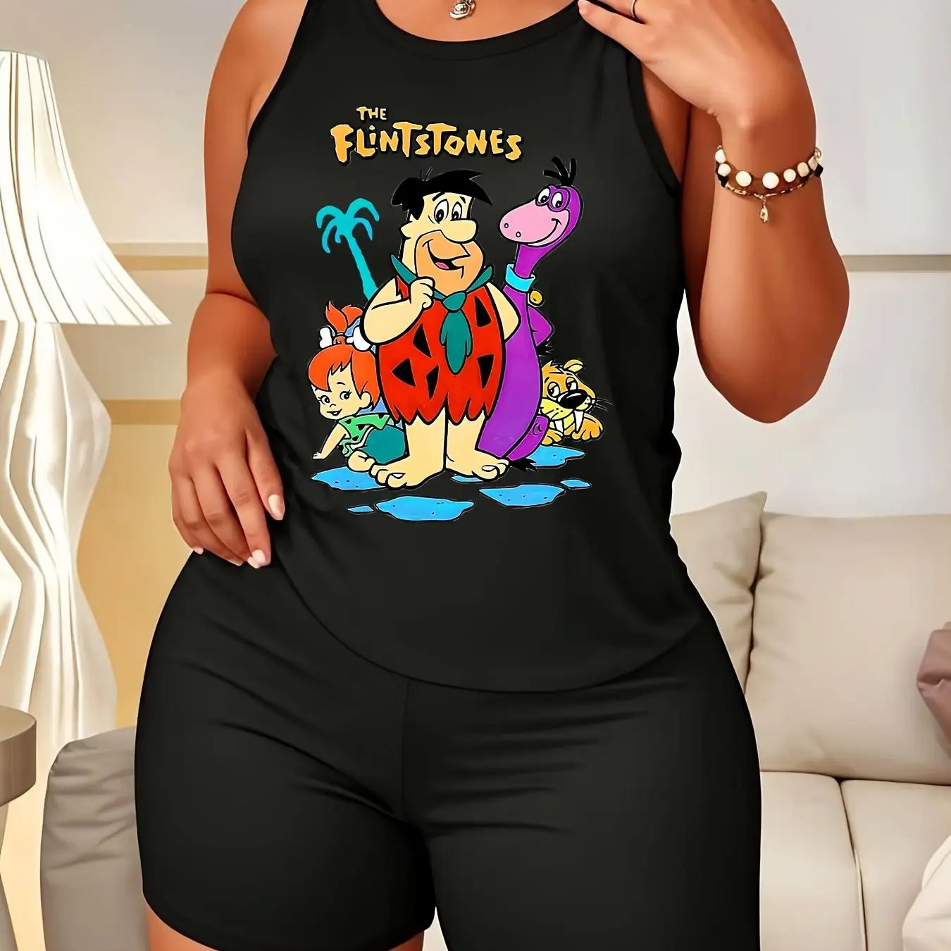 Two Piece Women's Plus Size Sports Fashion Tank And Shorts Set with Animated Sitcom Produced Flintstones Print Casual Pajamas Set Sleeveless Top Pajamas Set and Shorts Chic Le'Meek