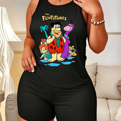 Two Piece Women's Plus Size Sports Fashion Tank And Shorts Set with Animated Sitcom Produced Flintstones Print Casual Pajamas Set Sleeveless Top Pajamas Set and Shorts Chic Le'Meek