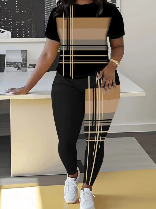 Smart Casual Crewneck Two-piece Set Plus Size Women'S Two-piece Set Short Sleeve Color-block Top T-shirt With Long Pants Bottoms Set Chic Le'Meek
