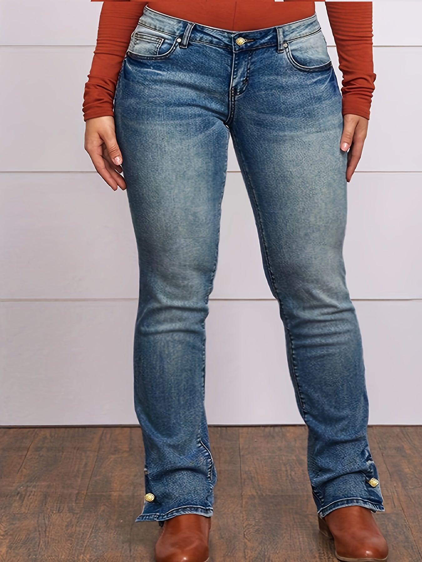 Plus Size Denim Jeans for Women - High-Stretch, Embroidered, Split-Hem with Pockets - Versatile Cowgirl-Inspired Streetwear