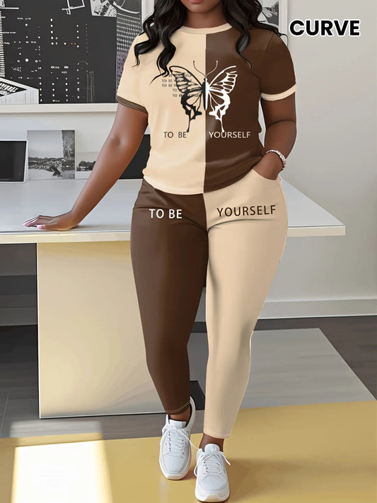 Plus Size Butterfly Print Casual Two-Piece Set - Short Sleeve & Pants, Stretchy Polyester Blend, Machine Washable Chic Le'Meek