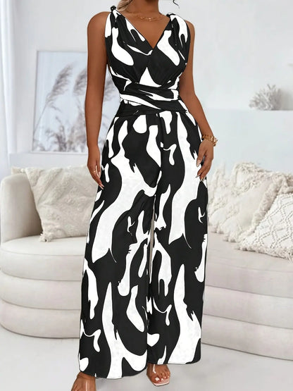 Women's Elegant Backless Jumpsuit with V-Neck & Cross Front Detail - Black & White Abstract Pattern Sleeveless Romper, Machine Washable Spring/Summer Party & Casual Outfit, Ladies Jumpsuit Chic Le'Meek