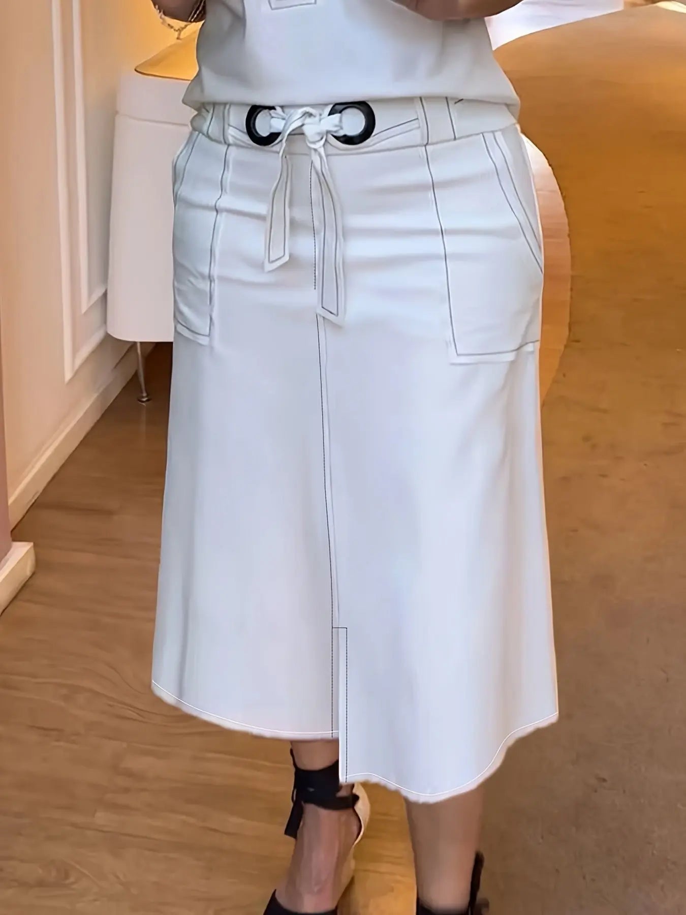 [Cold Shoulder Outfits] 2pcs Cold Shoulder Women's Contrast Trim Short Sleeve Plunge Neck Top & Bodycon Tie Waist Sheath Skirt Set, Cold Shoulder Outfits For Women Chic Le'Meek