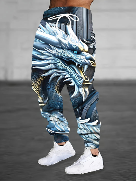 Men's Vibrant 3D Dragon Print Drawstring Footed Sweatpants - Soft, Stretchy, and Breathable for Running, Jogging, Gym Fitness, and Casual Wear - Perfect for Spring and Autumn Seasons