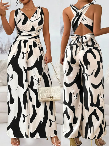 Women's Elegant Backless Jumpsuit with V-Neck & Cross Front Detail - Black & White Abstract Pattern Sleeveless Romper, Machine Washable Spring/Summer Party & Casual Outfit, Ladies Jumpsuit Chic Le'Meek
