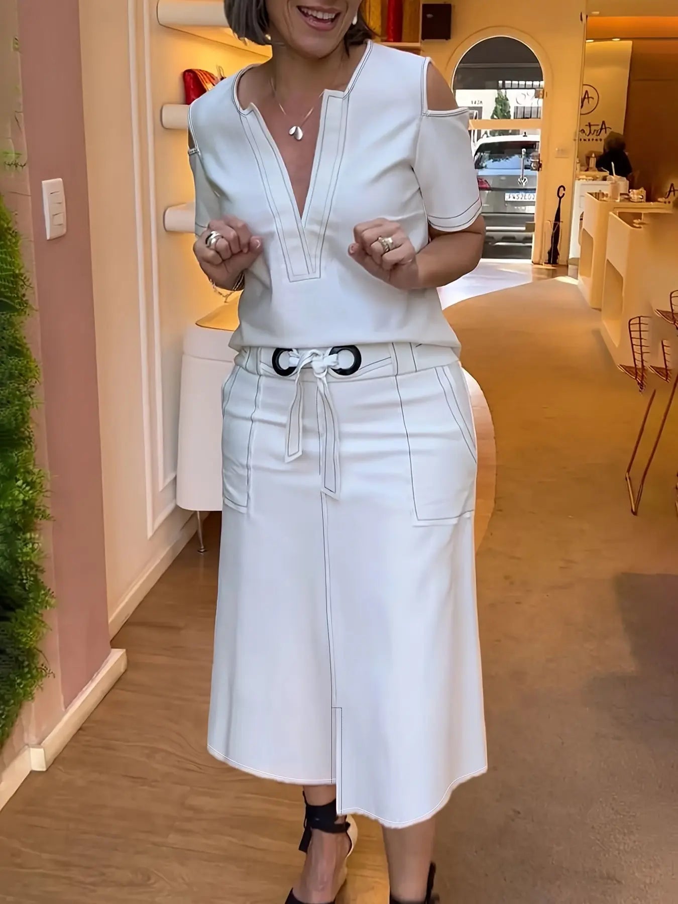 [Cold Shoulder Outfits] 2pcs Cold Shoulder Women's Contrast Trim Short Sleeve Plunge Neck Top & Bodycon Tie Waist Sheath Skirt Set, Cold Shoulder Outfits For Women Chic Le'Meek
