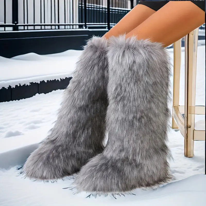 Fashion Faux Fur Knee High Boots - Women's Solid Color Snow Boots, Comfortable Chic Le'Meek