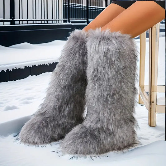 Fashion Faux Fur Knee High Boots - Women's Solid Color Snow Boots, Comfortable Chic Le'Meek