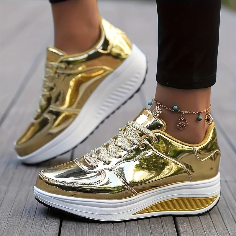 Womens Glamorous Shiny Metallic Platform Sneakers - Comfortable Lace-Up Design for Outdoor Running & Casual Sports - Durable Thick Sole Shoes