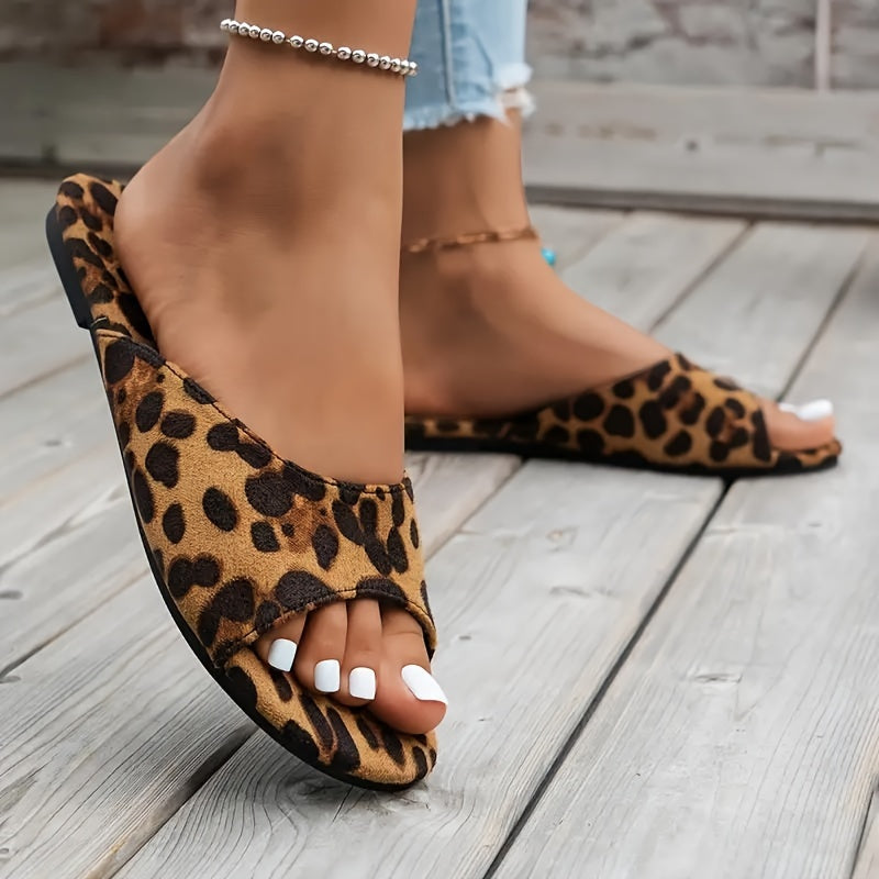 Summer Chic Leopard Print Denim Slide Sandals - Breathable, Lightweight, Slip-on, Flat Heel, Open Toe, Rubber Sole - Perfect for Casual Summer Outings