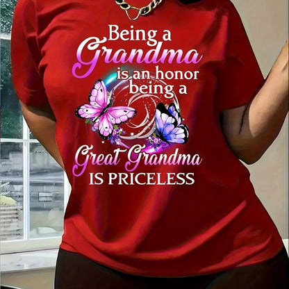 Women's Purple Butterfly & Floral T-Shirt - "When Grandma is Priceless" Heartfelt Quote, Glossy Fabric Casual Short Sleeve Round Neck Top for Spring Summer, Machine Washable Gift for Grandma, Grandma Mothers Day Gift Chic Le'Meek