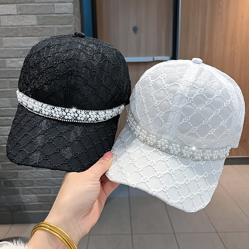 Summer Breathable Mesh Baseball Cap, Lightweight Faux Pearl Embellished Peaked Hat, Breathable Soft Top Dad Hat For Women