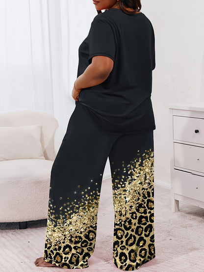 Plus Size Trendy Pajamas Set, Women's Plus Cross Letter & Leopard Print Short Sleeve Round Neck Tee & Pants Lounge 2 Piece Set