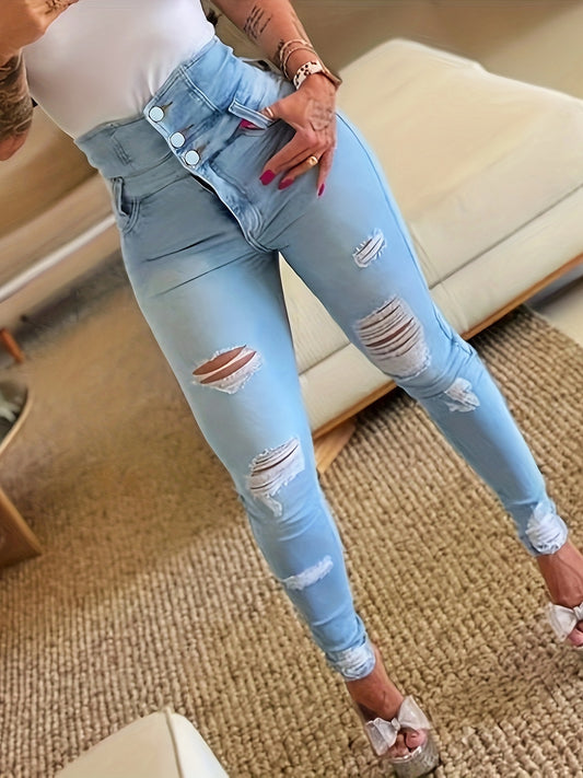 Plus Size Womens Fashionable Ripped Skinny Jeans - High Waist, Comfortable, Distressed Button Fly Design - Ultra-Slimming, Figure-Flattering Fit for Casual Style