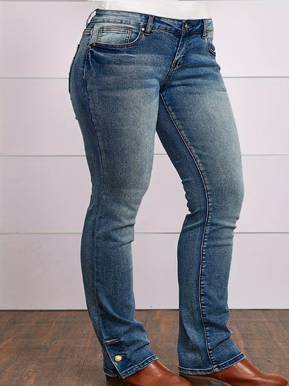 Plus Size Denim Jeans for Women - High-Stretch, Embroidered, Split-Hem with Pockets - Versatile Cowgirl-Inspired Streetwear