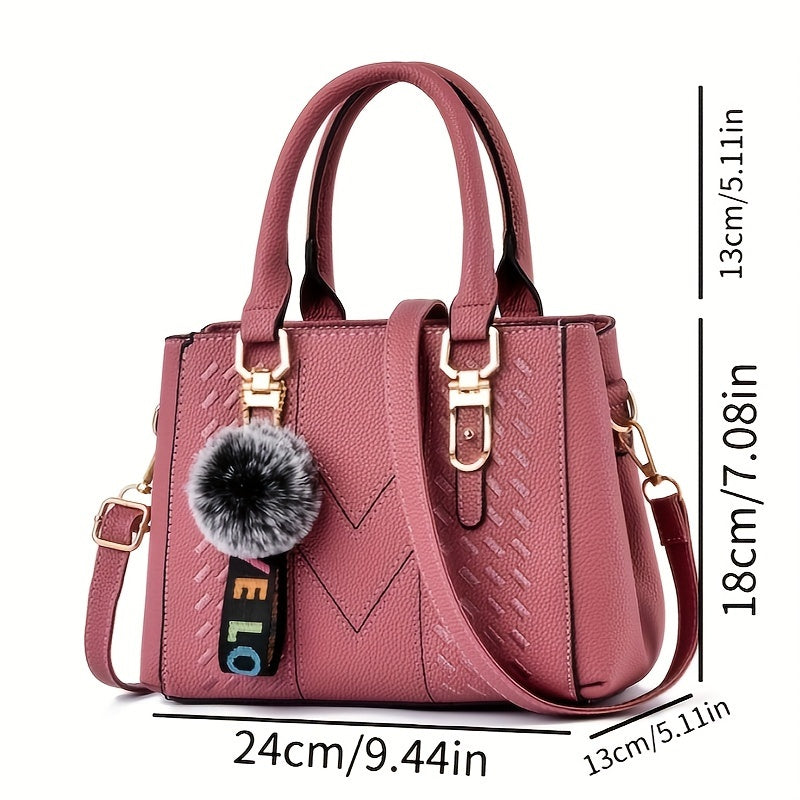 Luxurious Womens PU Leather Commuter Tote Handbag - Spacious Interior, Zipper Closure, Crossbody Strap, Elegant Satchel Design, Polycotton Lining, and Fur Charm Accent - Perfect for Daily Use