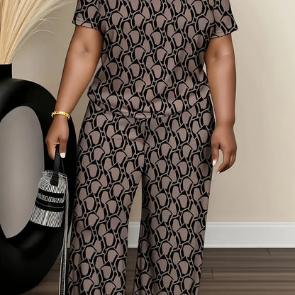 Plus-size Women's Two-piece Set Featuring Trendy Ethnic Digital Print with Round Neck Short Sleeves And Straight-leg Pants Chic Le'Meek