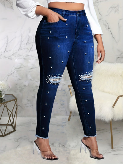 Plus Size Casual Jeans, Women's Plus Faux Pearl Decor Washed Ripped Button Fly Fringe Trim High Rise High Stretch Skinny Jeans For Fall