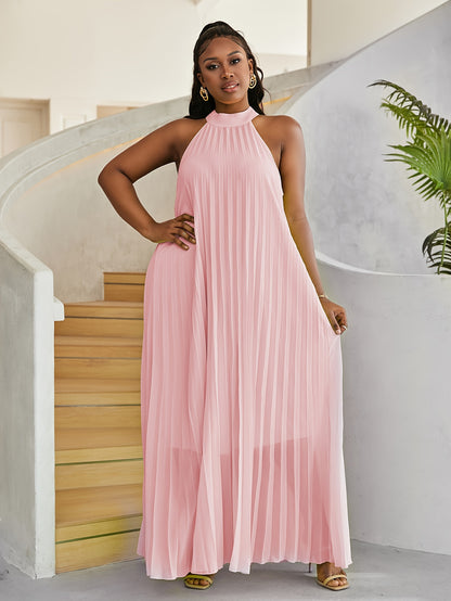 Plus Size Elegant Pinafore Maxi Dress - Crew Neck, Strapless, Slight Stretch, Solid Color, Polyester, Woven, Summer Fashion, Black Style - Flattering Halter Neck Design, Pleated Details, No Printing, No Sheer