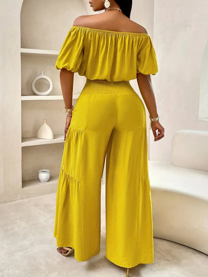 Women'S Summer Plus Size Beach Vacation Style One Shoulder Puff Sleeve Ruffle Off Shoulder Cropped Top And Wide Leg Pants Set Chic Le'Meek