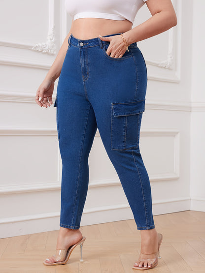 Women's Casual Jeans, Plus Size Side Flap Pocket Plain Blue High Waisted Cargo Slim Fit Denim Pants