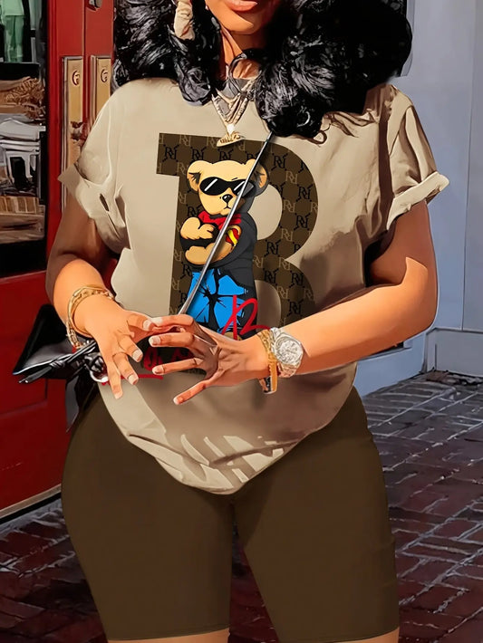 2pcs/set Of Casual Bear Letter Printed Short-sleeve T-shirts And Shorts Chic Le'Meek
