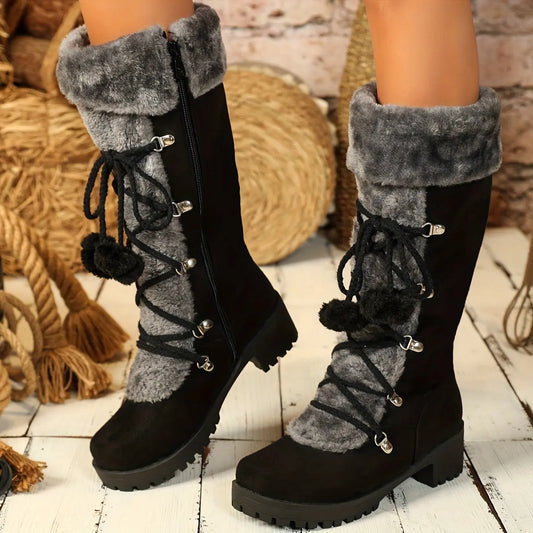 Warm Mid-Calf Winter Snow Boots - Elegant Women's Fur-Lined Knight Boots with Chunky Heel, Pom-Pom Accents & Side Zipper - Cozy Thermal Insulated Riding Boots for Cold Weather Chic Le'Meek