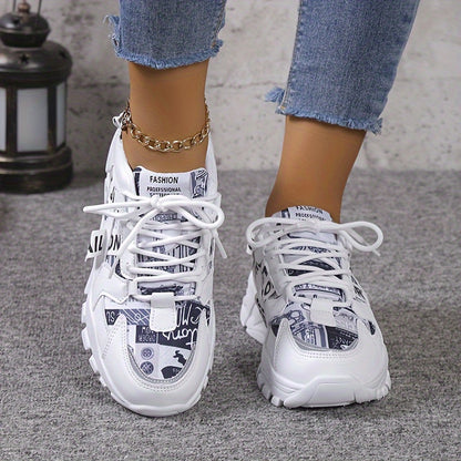 Women's Letter Pattern Casual Sneakers, Lace Up Platform Soft Sole Sporty Trainers, Lightweight Low-top Shoes