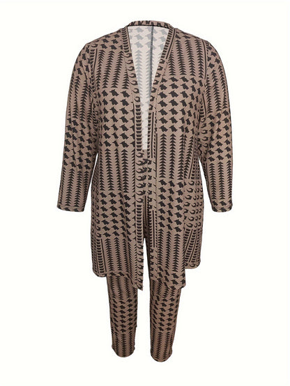 Plus Size Trendy Outfits Set, Women's Plus Houndstooth Print Long Sleeve Open Front Long Cardigan & Pants Outfits Two Piece Set