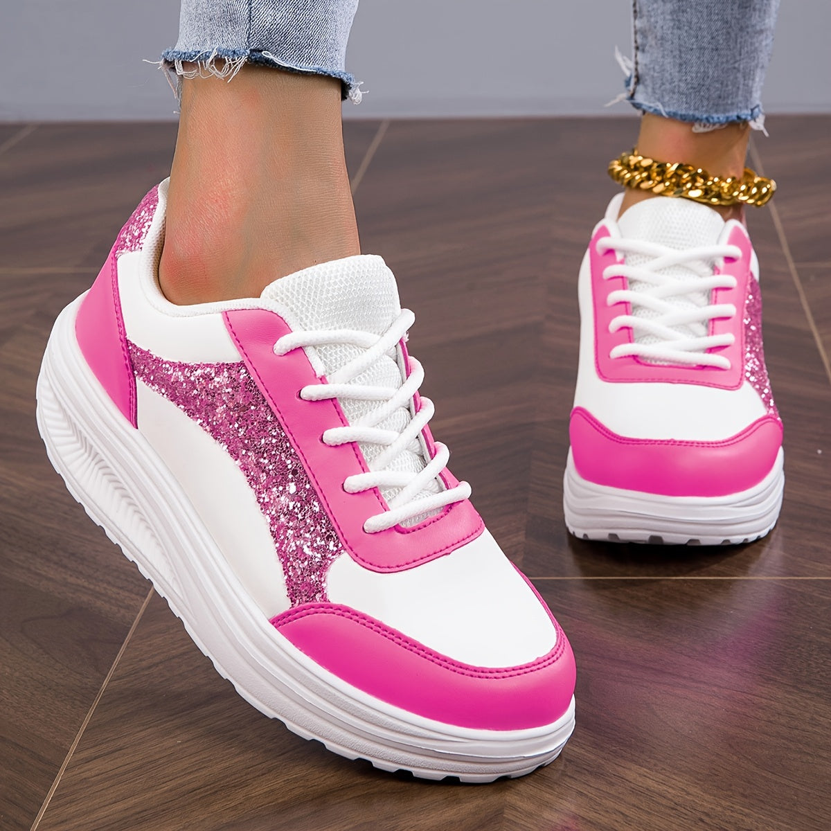 New Season All-Season Lightweight Mesh Breathable Sneakers - Sequin Decorated Faux Leather Upper, Thick EVA Sole, Superfine Fiber Insole, Random Printing - Perfect for Casual Running and Everyday Wear