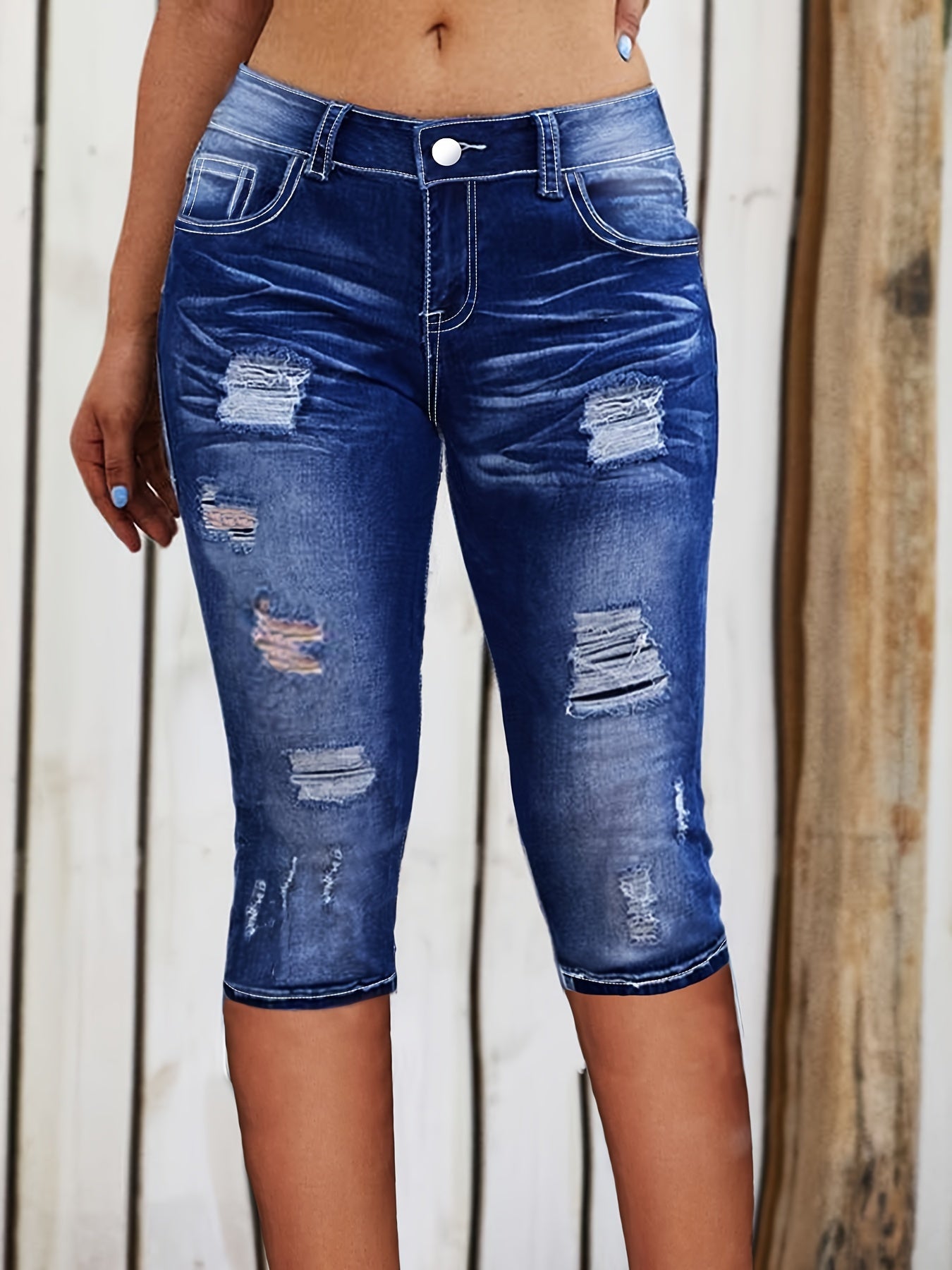 Plus Size Ripped Whiskering Distressed Washed Blue Capri Denim Pants, Women's Denim Jeans & Clothing