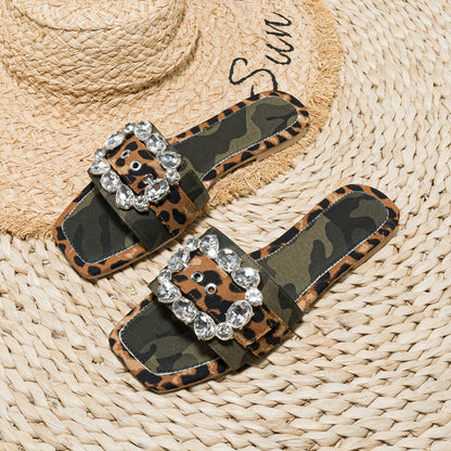 Women's Camouflage Leopard Print Slide Sandals, Fashion Buckle Decor Flat Summer Shoes, Lightweight Slide Sandals