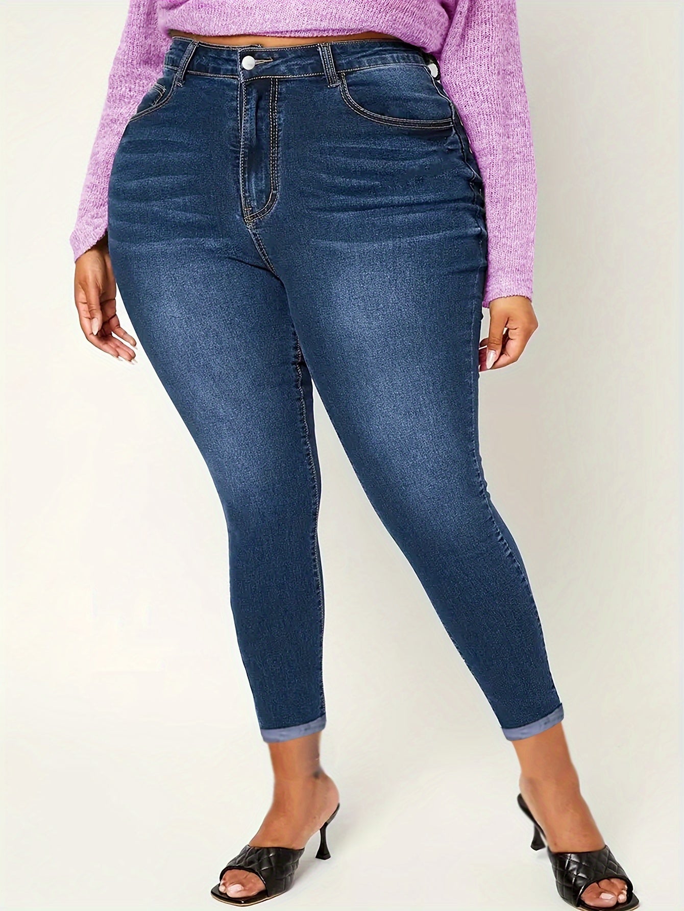 Plus Size Plain Skinny Fit Washed Blue Casual Style Zipper Button Closure Denim Pants, Women's Denim Jeans & Clothing