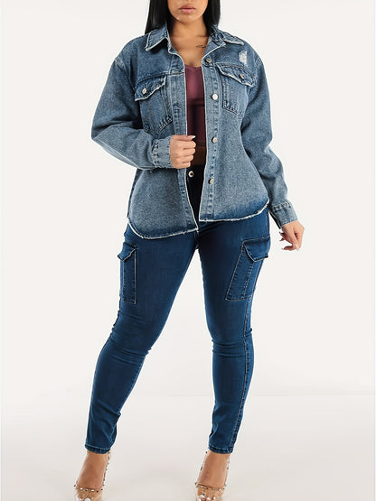 Women's Casual Jeans, Plus Size Side Flap Pocket Plain Blue High Waisted Cargo Slim Fit Denim Pants