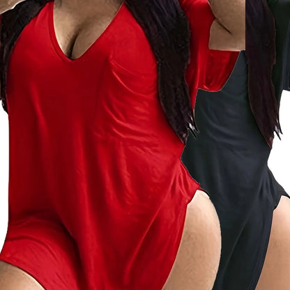 Large Size V-Neck Pocket Irregular Hem Short-Sleeved Top T-Shirt Two-Piece Set Chic Le'Meek