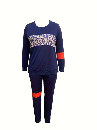 Plus Size Leopard Print Two-Piece Set - Comfortable Crew Neck Long Sleeve Top and Pants Outfit with High Stretch Polyester Fabric, Random Printing, and Knit Construction - Perfect for Black Fashion Lovers