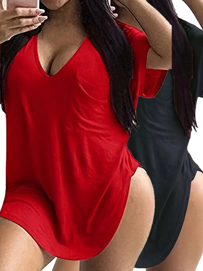 Large Size V-Neck Pocket Irregular Hem Short-Sleeved Top T-Shirt Two-Piece Set Chic Le'Meek