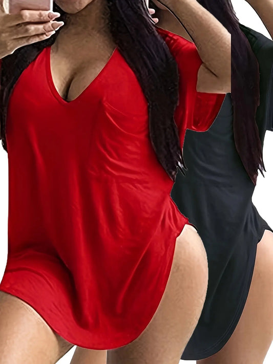 Large Size V-Neck Pocket Irregular Hem Short-Sleeved Top T-Shirt Two-Piece Set Chic Le'Meek